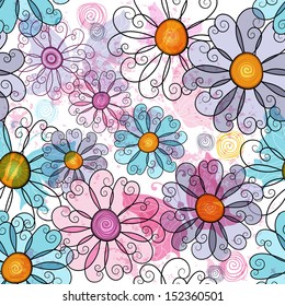 Seamless spring grunge spotty floral pattern with colorful flowers and  transparent butterflies (vector EPS 10)