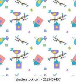 Seamless spring illustration with bird, flowers and birdhouse. For textiles or wrapping paper. Flat illustration.