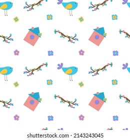 Nahtlose Frühlingsgrafik mit Vogel, Blumen und Vogelhaus. Für Textilien oder Verpackungspapier. Flache Illustration. Vektorgrafik.