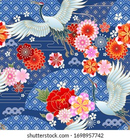 Seamless spring japanese pattern with classic floral motif,fans and cranes