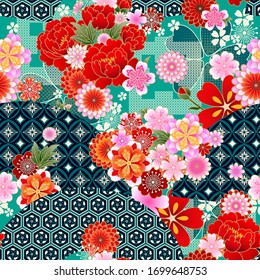 Seamless spring japanese pattern with classic floral motif with fans