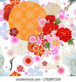 Seamless Spring Japanese Pattern With Classic Floral Motif And Cranes