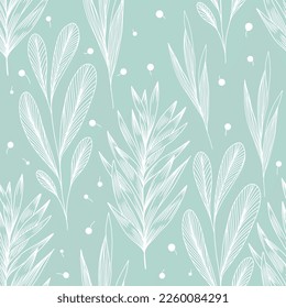 Seamless spring linear botanical pattern  Outline illustration and different leaves   berries blue green background  Branches and veined leaves  Tropical plants  fern  palm leaf