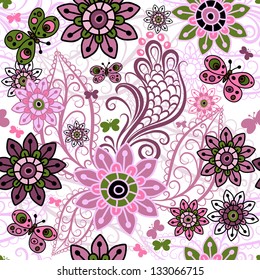 Seamless spring motley pattern with colorful vintage butterflies and flowers (vector)