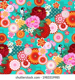 Seamless spring pattern with abstract flowers in Oriental style