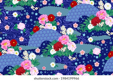 Seamless spring pattern with abstract flowers in Oriental style