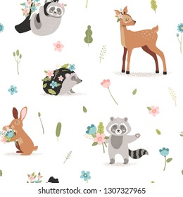 Seamless spring pattern, animals, vector
