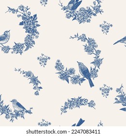 Seamless spring pattern with birds. Floral print. Blue.