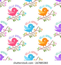 Seamless spring pattern with birds on tree branch