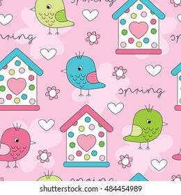 seamless spring pattern with birds vector illustration