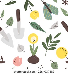 Seamless spring pattern from botanical elements. Vector illustration.