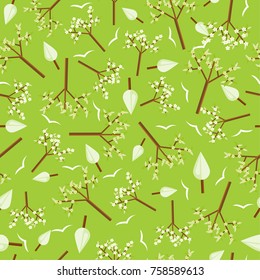 Seamless spring pattern with branches of trees and trees figures and white silhouettes of bird