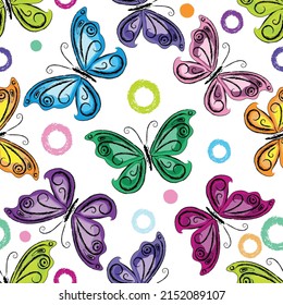 Seamless spring pattern with bright colorful butterflies on a transparent background. Vector eps 10