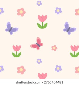 Seamless Spring Pattern with Butterflies and Tulips on Cream Background