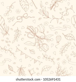Seamless spring pattern can be used for wallpaper, website background, wrapping paper, invitation, flyer, banner or website. Hand drawn vector illustration of doodle elements