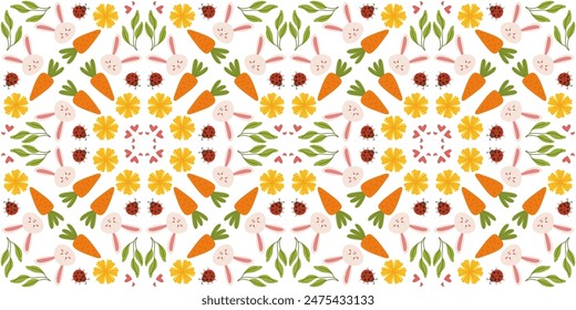 Seamless spring pattern with carrots, flowers, and ladybug in a cute, hand-drawn vector style. Ideal for textiles, packaging, and decorative design