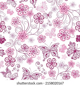 Seamless spring pattern with cherry blossom branches and openwork butterflies on a transparent background. Vector eps 10