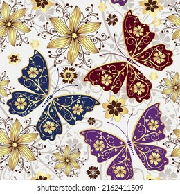 Seamless spring pattern with colorful butterflies and golden flowers on a whiye background. Vector eps 10