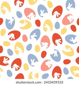 Seamless spring pattern of colorful eggs with bunnies