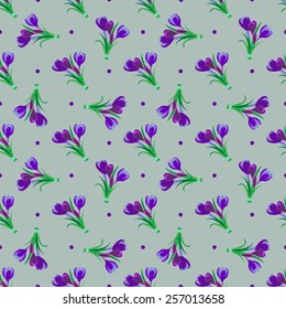 Seamless spring pattern. Crocus, saffron, lily of the valley, snowdrops. Flet design. Vector illustration