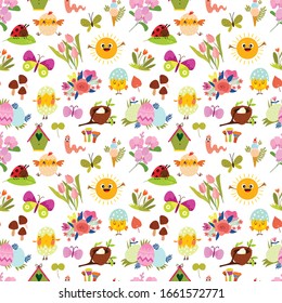 Seamless spring pattern with cute animals and spring elements. Hand drawn texture can be used for Easter, wallpapers, pattern fills, surface textures.