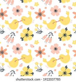 Seamless spring pattern with cute birds and flowers. Vector illustration in flat style.