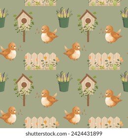 Seamless spring pattern, cute birds, birdhouses, buckets of flowers on a light background. Background, baby wallpaper, textile, vector