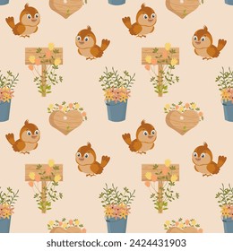 Seamless spring pattern, cute birds, birdhouses, buckets of flowers on a light background. Background, baby wallpaper, textile, vector