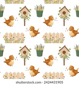 Patrón de primavera inconsútil, pájaros lindos, casas de pájaros, cubos de flores sobre un fondo claro. Fondo, papel pintado del bebé, textil, vector