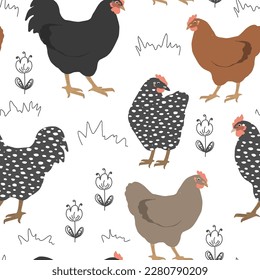 Seamless spring pattern with cute chickens and doodle flowers. Vector graphic illustration.