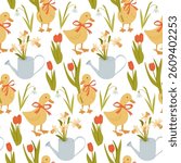 Seamless spring pattern with cute ducks in red bows, tulips, daffodils, snowdrops and watering cans. Represents seasonal joy, gardening and Easter charm in a playful and cheerful design