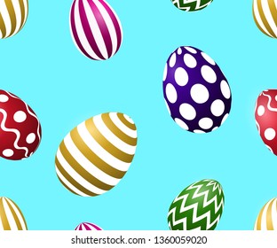 Seamless spring pattern with cute easter eggs blue background. Template for fabric, wrapping, textile, wallpaper, print for clothes, website, card wrapping backdrop.Vector illustration