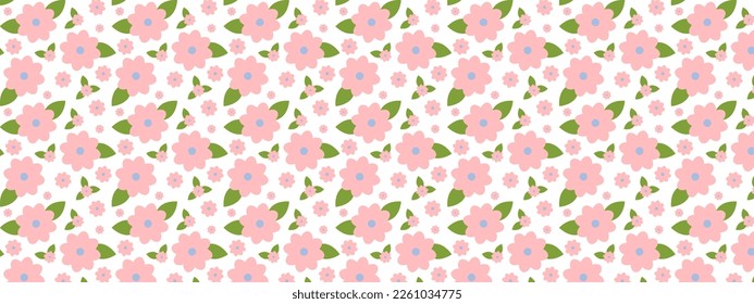Seamless spring pattern with cute flowers and leaves. Botanical ornament with minimalistic elements in trendy color. Nature background for fabric, textiles, paper. Vector flat cartoon illustration
