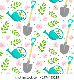 Seamless spring pattern with cute watering cans, shovel and flowers. Hand-drawn doodle garden elements. Vector illustration on the theme of spring, gardening, planting and beds.