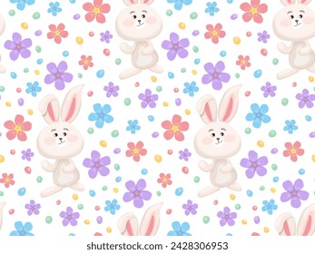 Seamless spring pattern of cute white rabbit surrounded by flowers and colorful caramel. Editable vector background for Easter design, children, packaging, paper, textile, cards