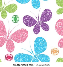 Seamless spring pattern with doodle colorful lace butterflies on a transparent background. Vector eps 10