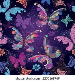 Seamless spring pattern with doodle colorful  butterflies on a dark violet gradient background. Vector