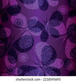 Seamless spring pattern with doodle lace butterflies on a gradient background. Vector eps 10