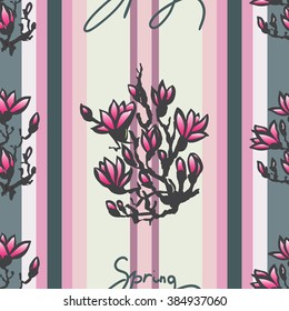 Seamless spring pattern with drawing twig pink magnolia and lettering -spring- on retro pink striped background in chinese or japanese style. Vector asian design for textile, wallpaper, package