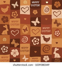 Seamless spring pattern with easter eggs, hears, flower and butterfly. Chocolate  Cute easter seamless.  Cute easter seamless pattern. Vector Illustration