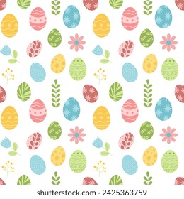 Seamless spring pattern with Easter eggs and flowers. Vector flat illustration. 	childrens flowers background