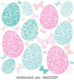 Seamless spring pattern with easter eggs. Easter holiday background for printing on fabric, paper for scrap booking, gift wrap and wallpapers. Vector illustration
