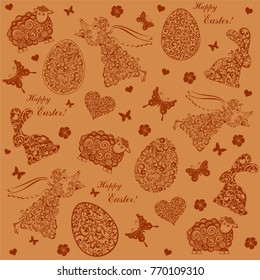 Seamless spring pattern with easter eggs, sheep, hears, flower and angels. Vector Illustration