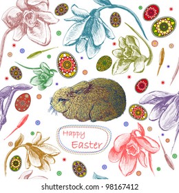 Seamless spring pattern with easter eggs, snowdrops flowers and rabbit