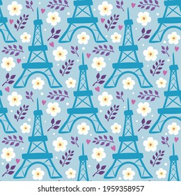 Seamless spring pattern with Eiffel Tower and white blooming flowers. Hand drawn Paris decor and twigs on blue background. Vector illustration for France, trip and adventure.