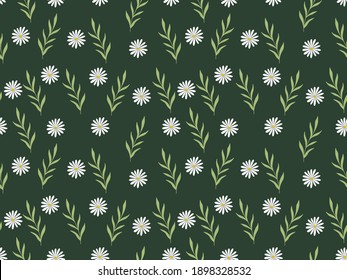 Seamless spring pattern floral with flowers - chamomile,  leaves isolated on dark green background. Vector illustration for poster, wrapping  paper, fabric, web, party, invitation, wallpaper, wedding.