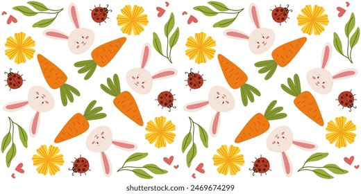 Seamless spring pattern with flowers and bunnies in a cute, hand-drawn vector style. Perfect for gift wrapping, textiles, and spring decor.