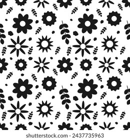 Seamless spring pattern with flowers and stems with leaves. Black and white. 