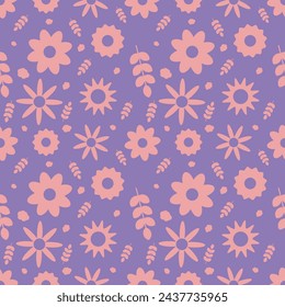 Seamless spring pattern with flowers and stems with leaves. Pastel