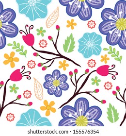 Seamless Spring Pattern with Flowers in Vector on White Background